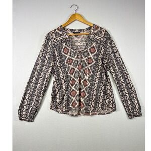 Boho Peasant Lucky Brand Women Large Grey Coral Medallion Print Tie Neck Top